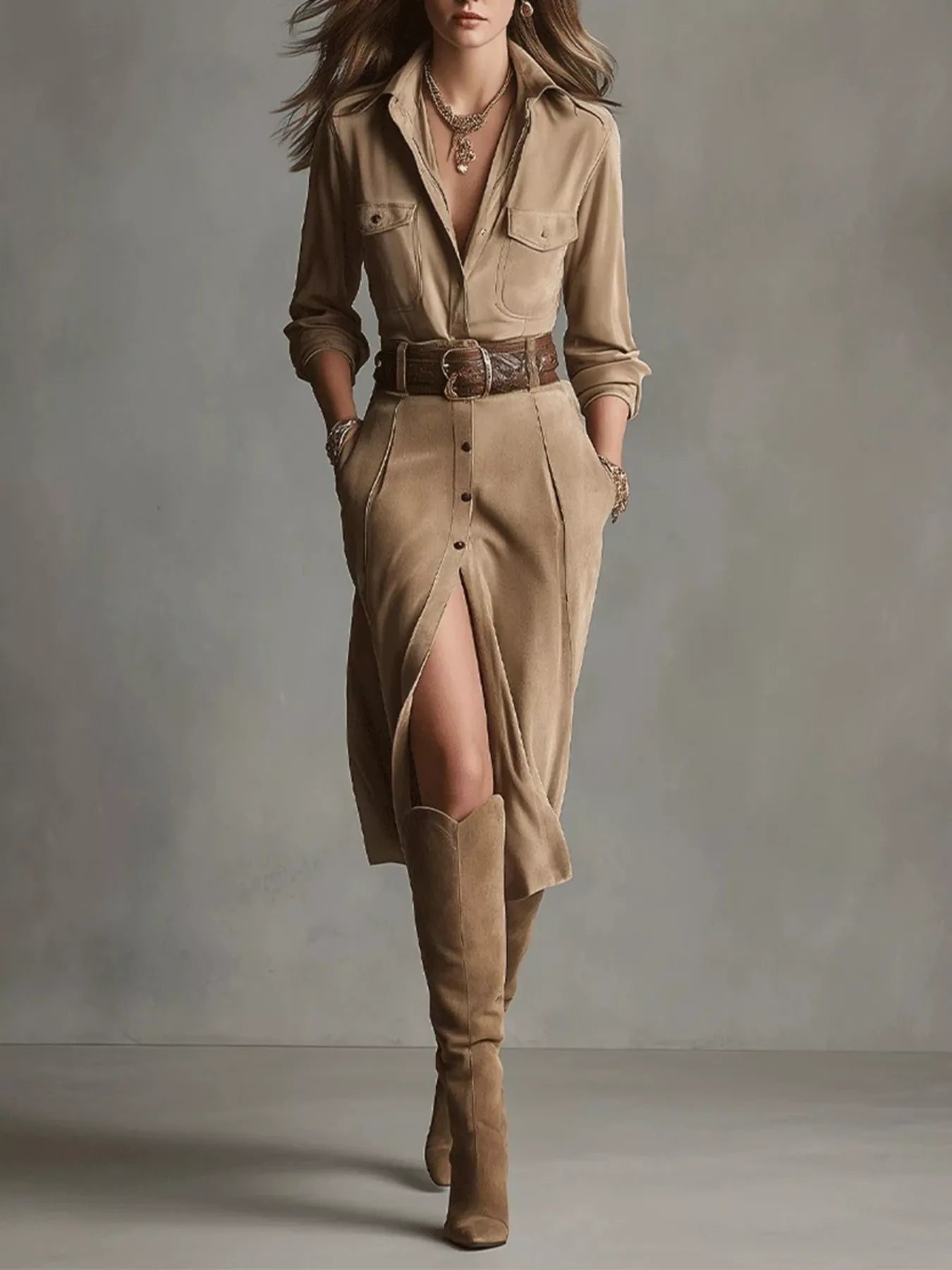 Button-Up Long-Sleeve Shirt Dress - product view 1