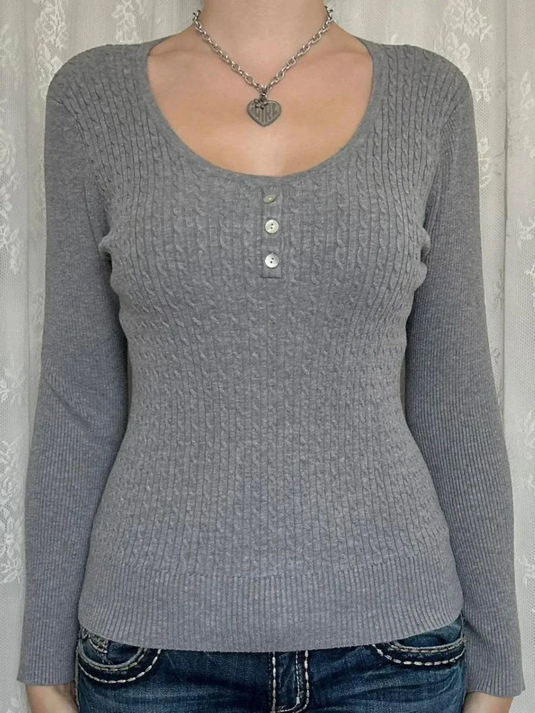 Cable Knit Button Top Gray / S