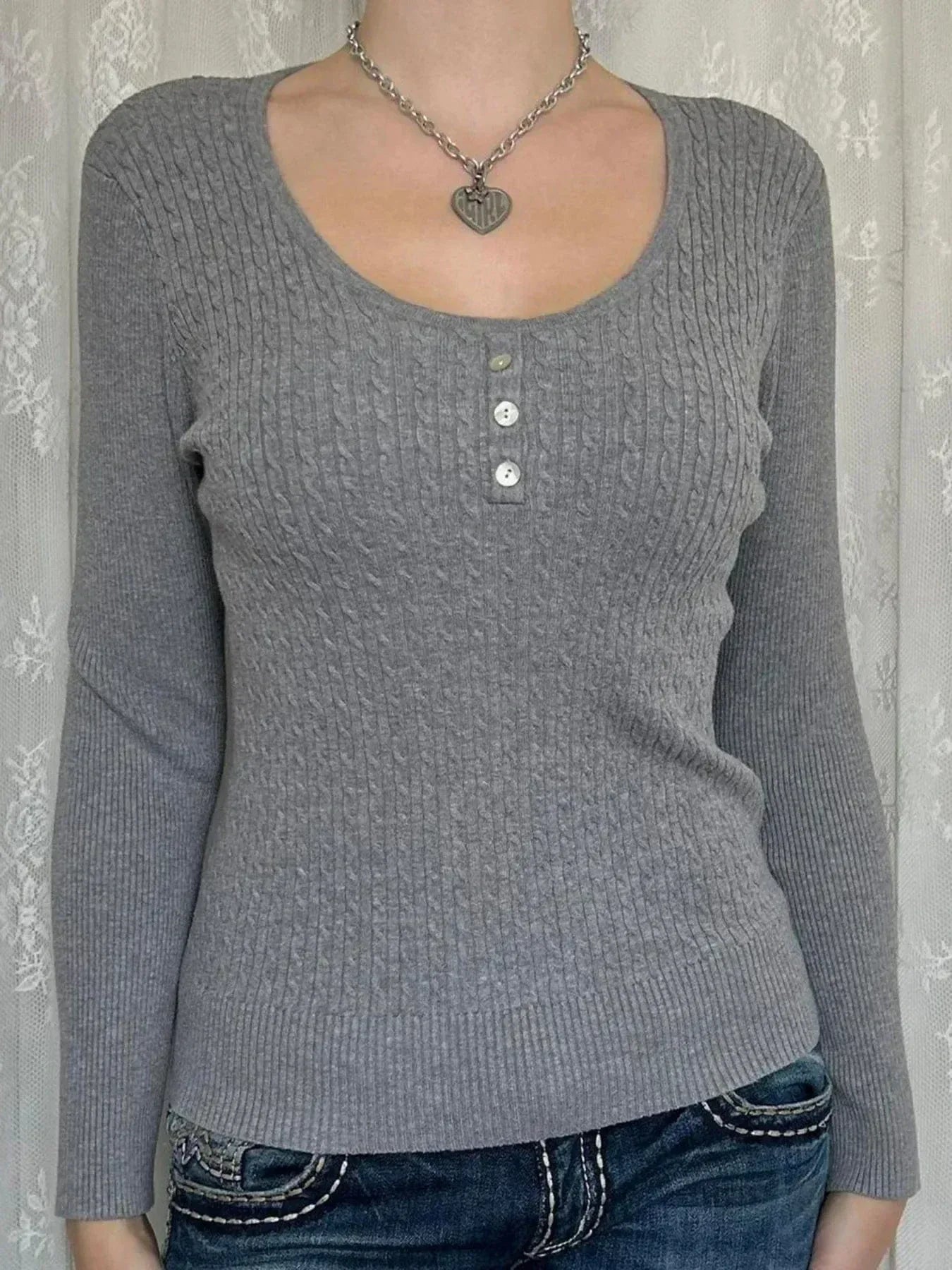 Cable Knit Button Top Gray / S