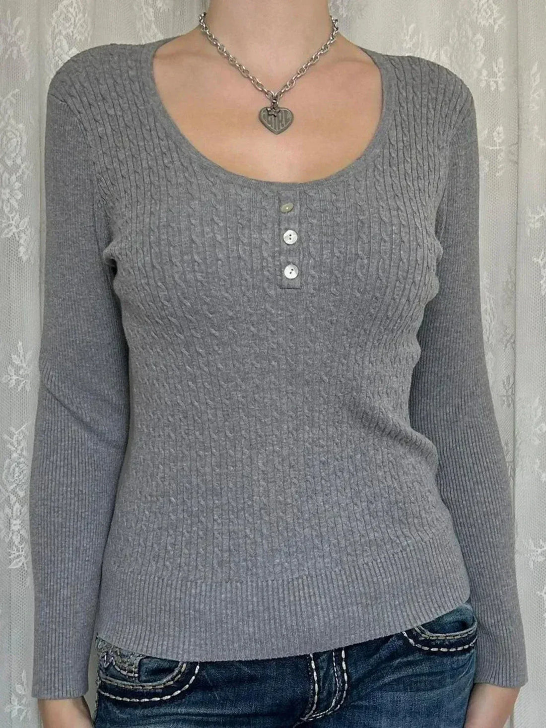 Cable Knit Button Top Gray / S