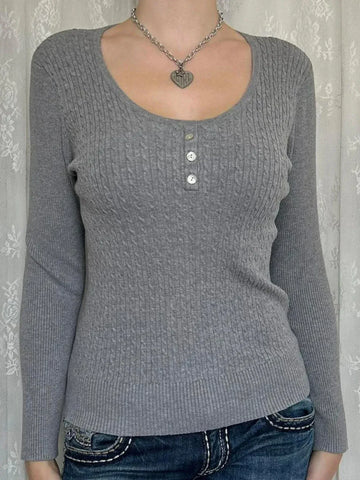 Cable Knit Button Top Gray / S