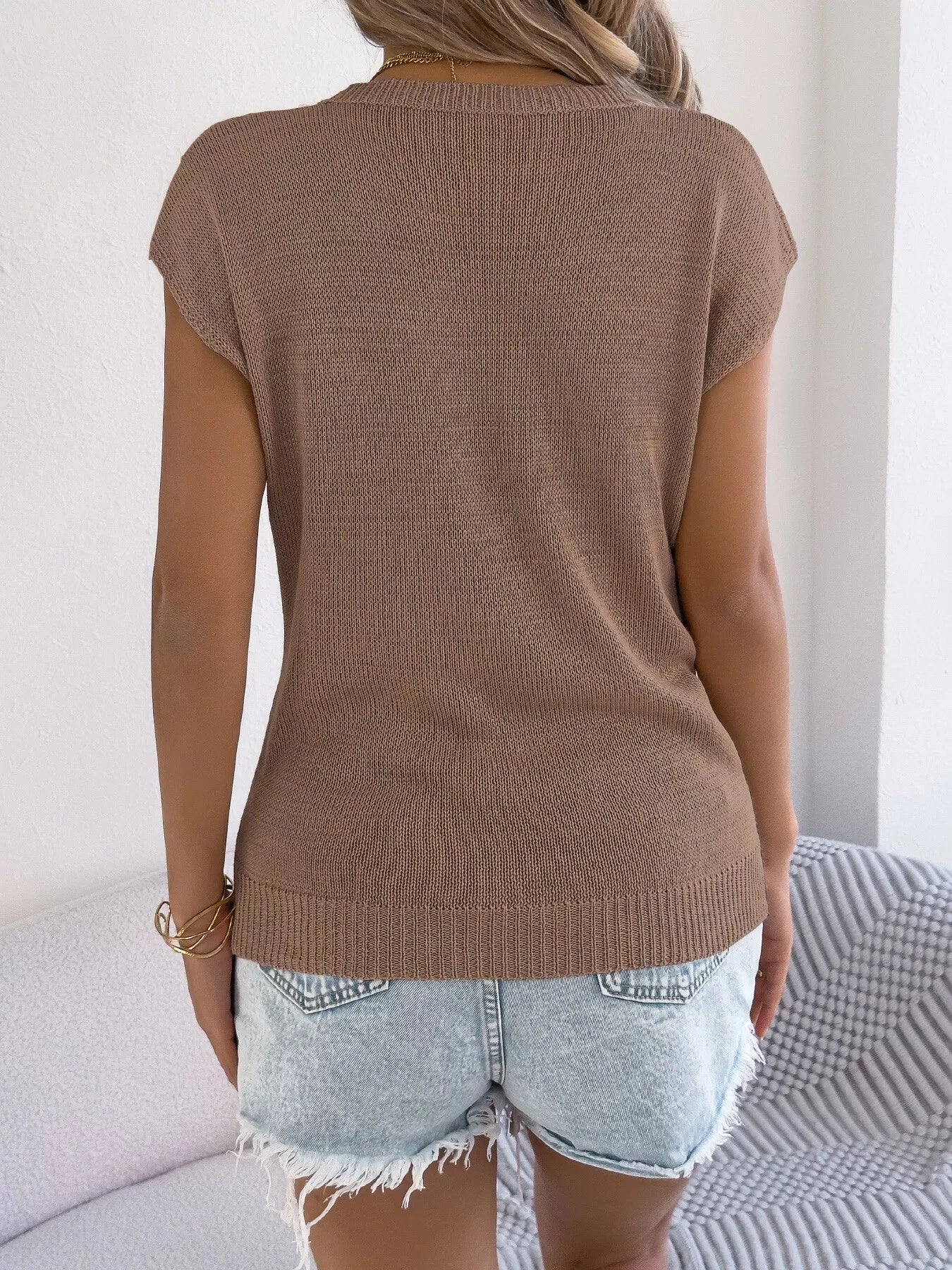 Cable Knit Openwork Cap Sleeve Sweater