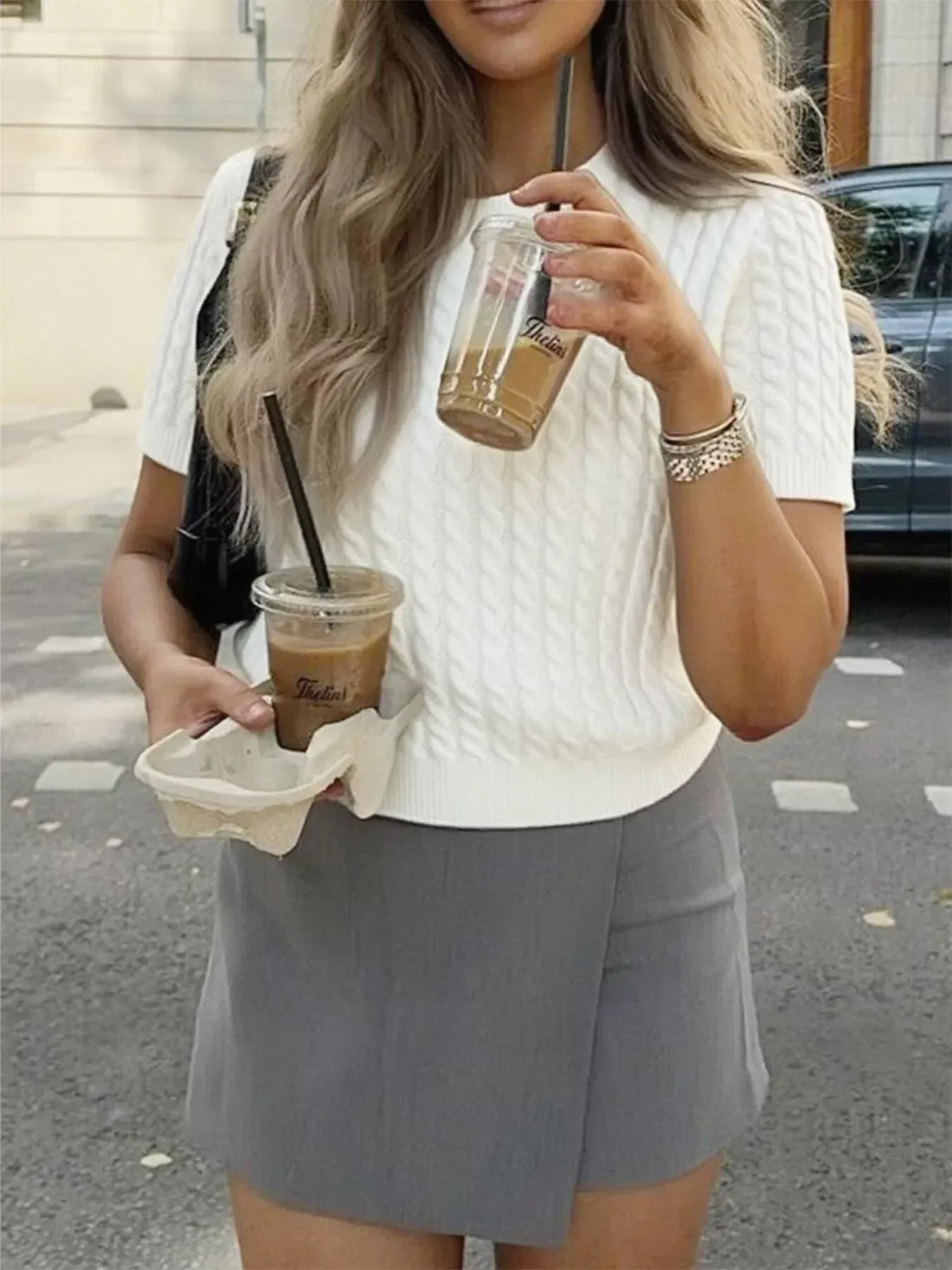 Cable Knit Short Sleeve Top Gray/white / S