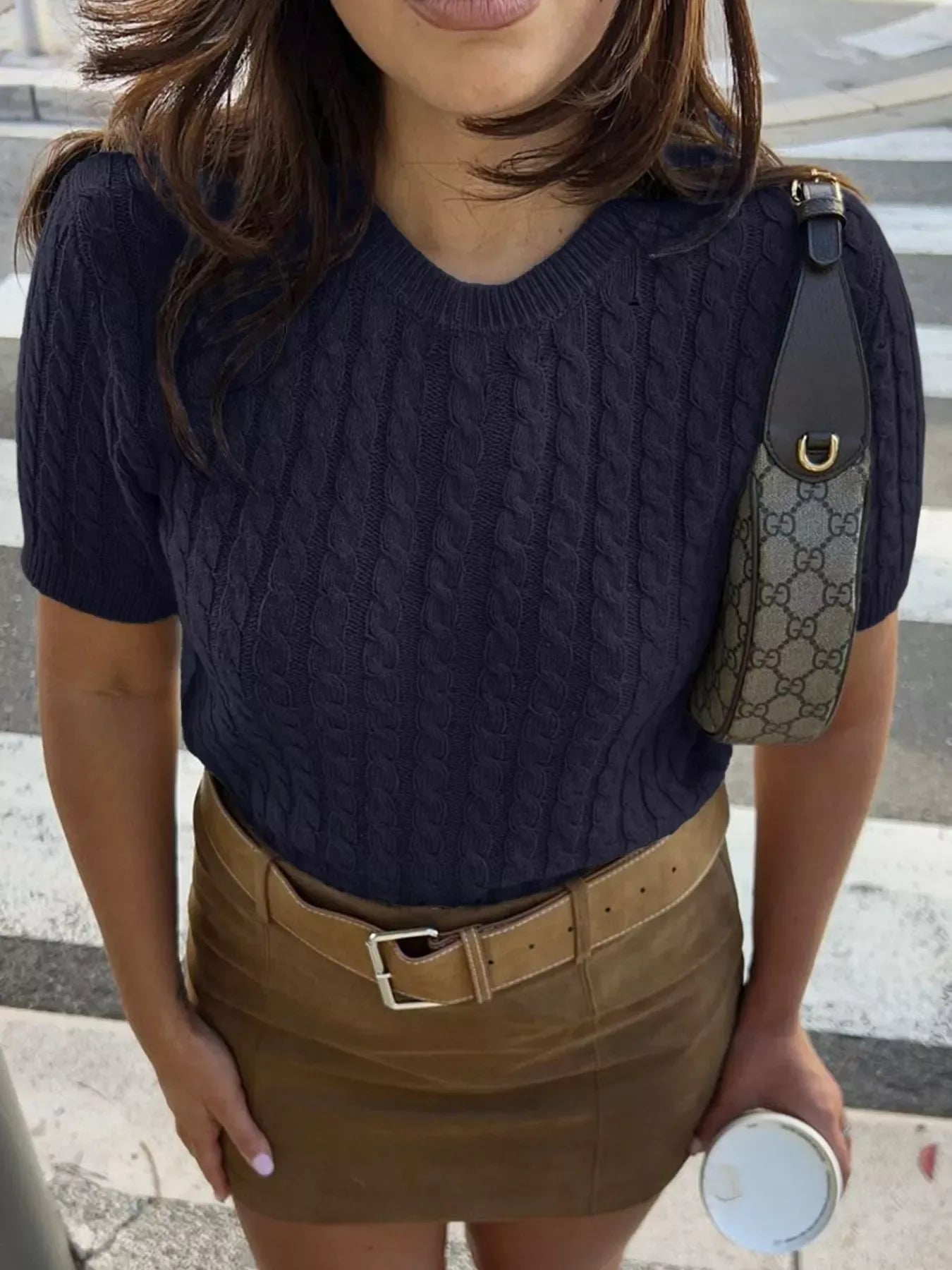 Cable Knit Short Sleeve Top Dark Blue / S