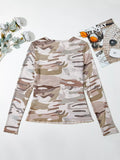 Camouflage Print Mesh Long Sleeve Top