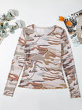 Camouflage Print Mesh Long Sleeve Top