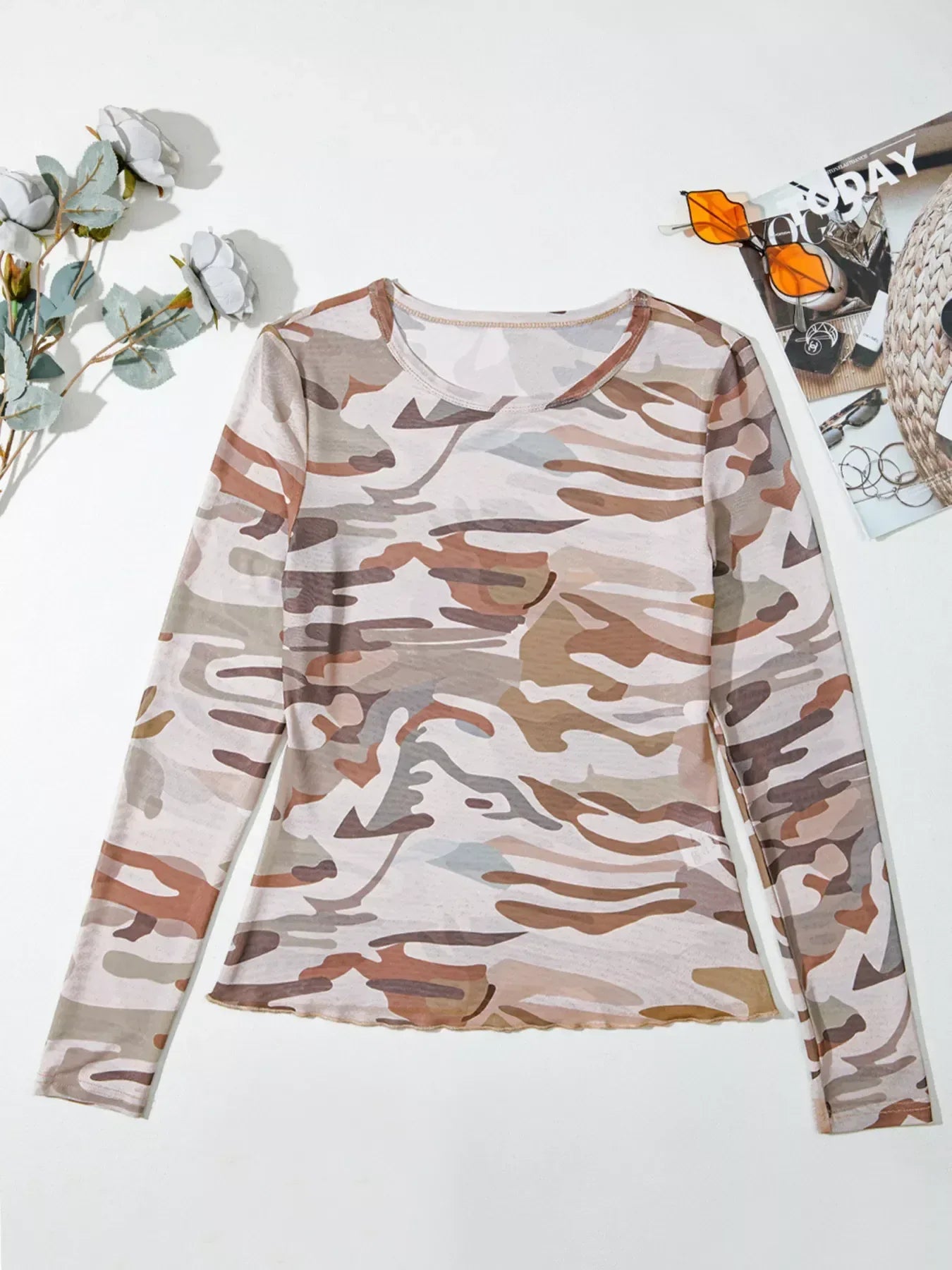 Camouflage Print Mesh Long Sleeve Top