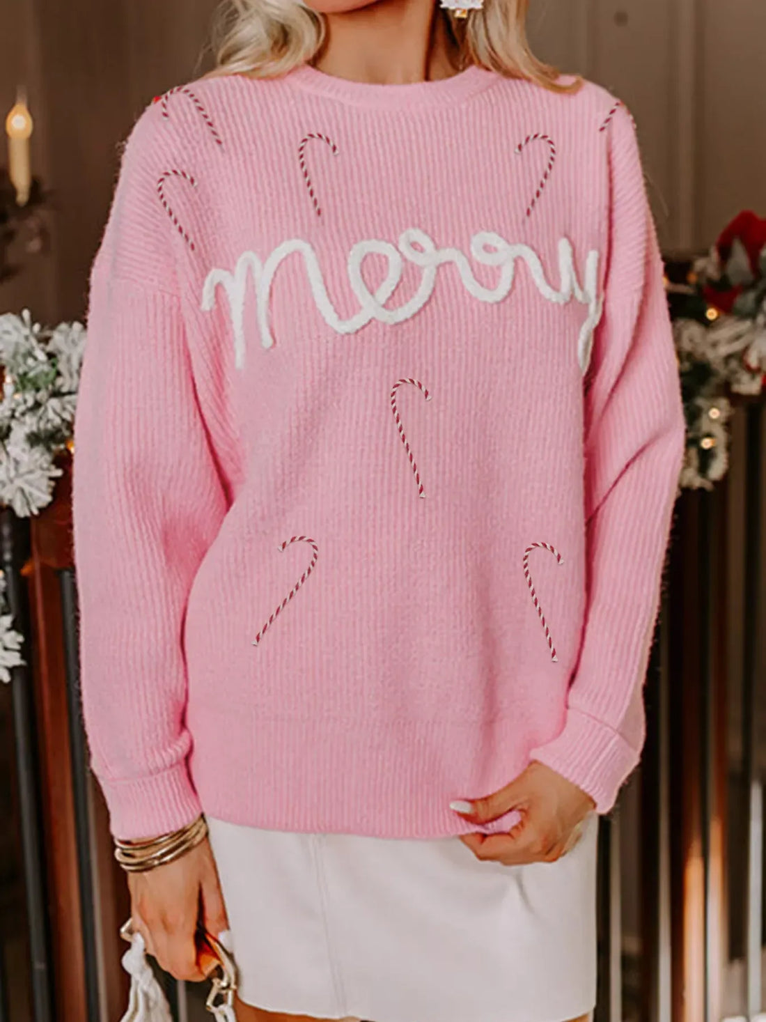 Blush Pink / S Candy Cane Christmas Sweater - Bikini Yes -