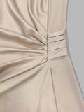 Champagne Satin-Look Ruched Long-Sleeve Midi Dress