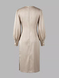 Champagne Satin-Look Ruched Long-Sleeve Midi Dress