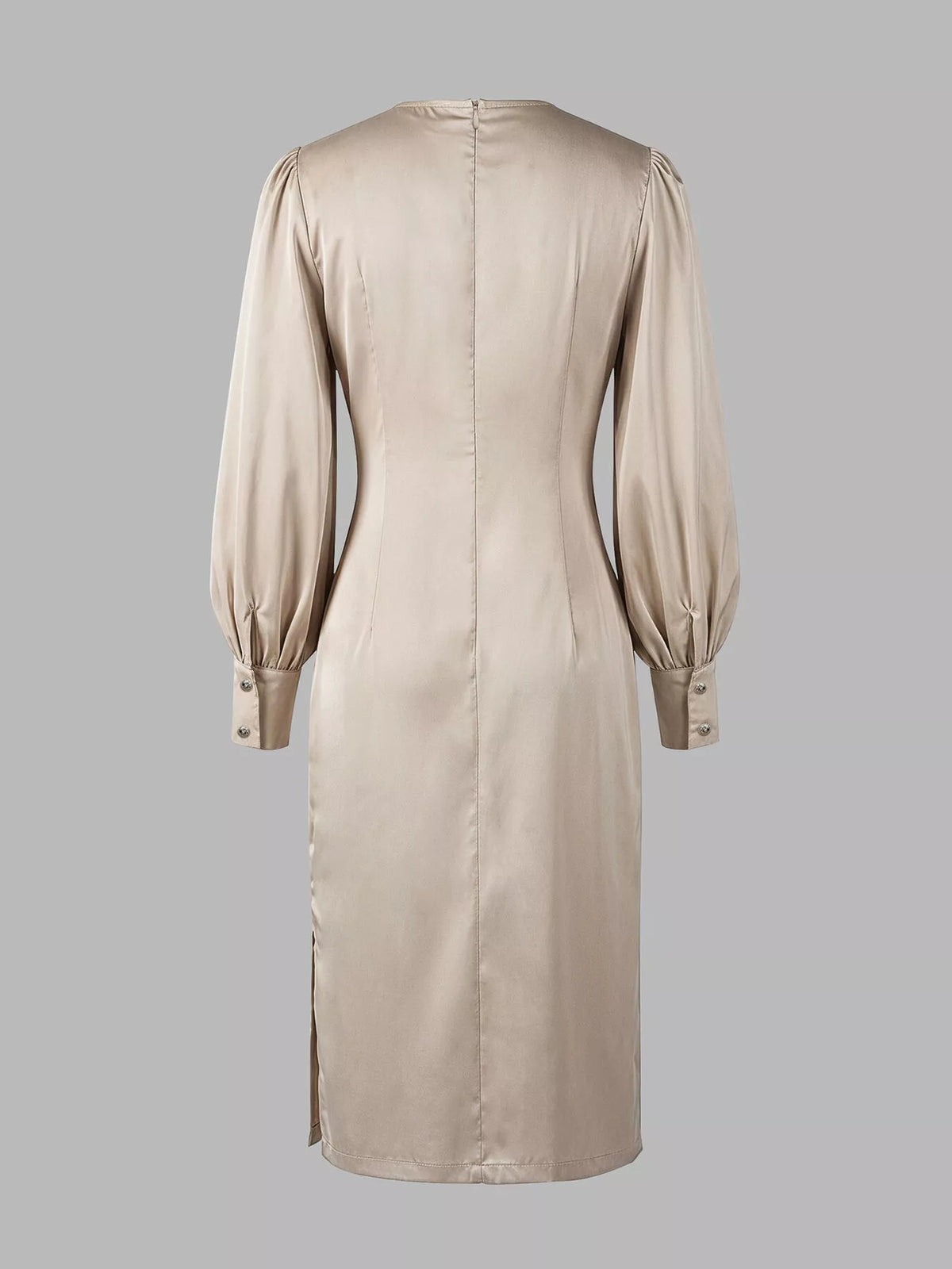 Champagne Satin-Look Ruched Long-Sleeve Midi Dress