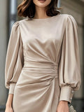 Champagne Satin-Look Ruched Long-Sleeve Midi Dress