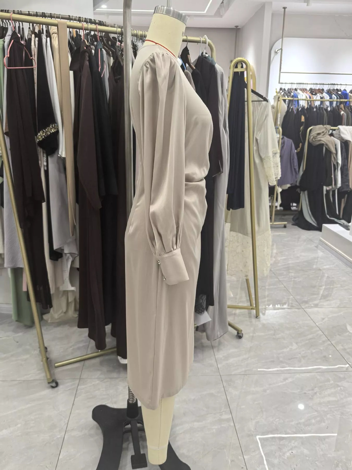 Champagne Satin-Look Ruched Long-Sleeve Midi Dress