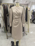 Champagne Satin-Look Ruched Long-Sleeve Midi Dress