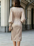 Champagne Satin-Look Ruched Long-Sleeve Midi Dress