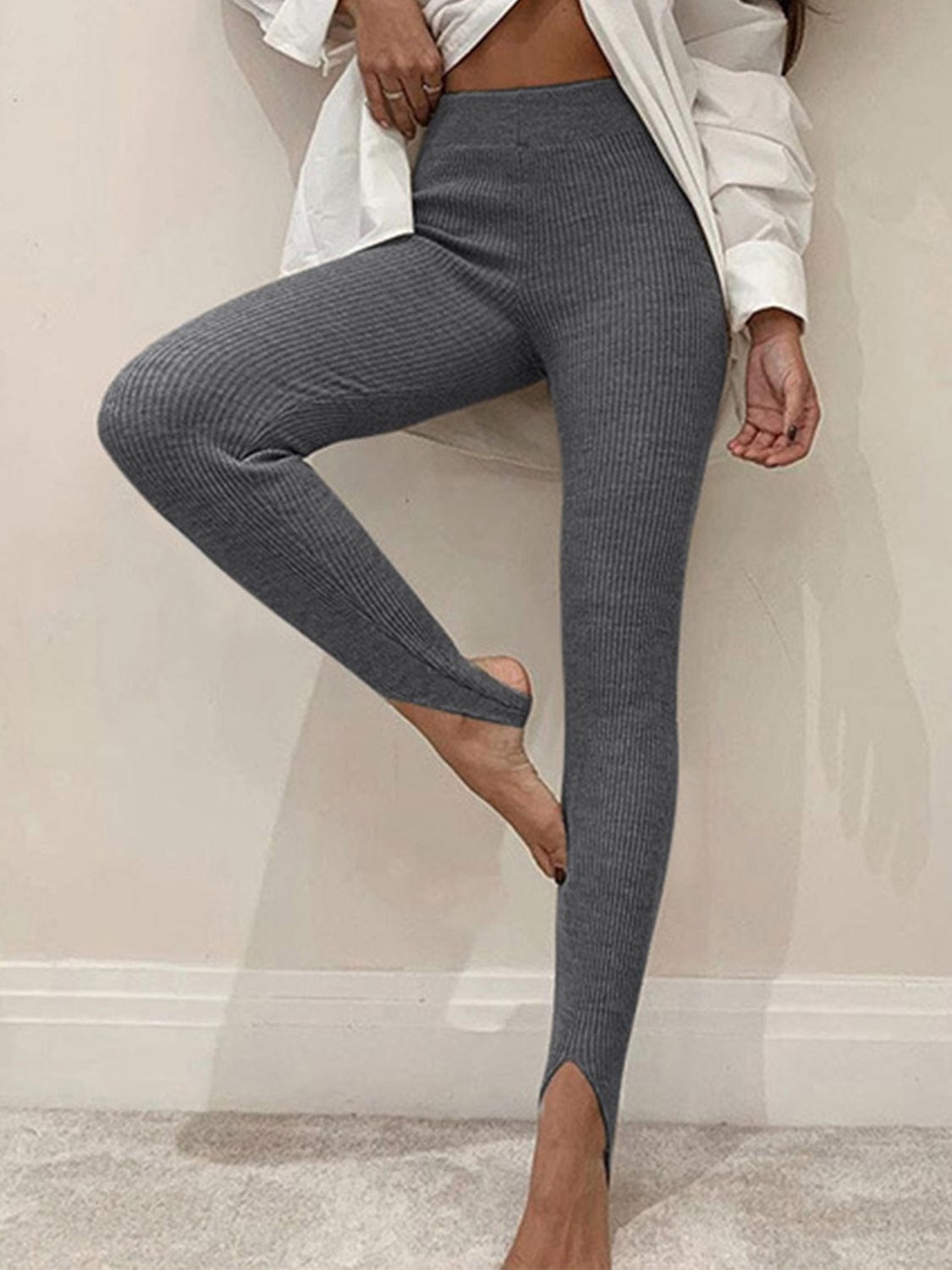Charcoal Ribbed Mid Waist Leggings