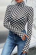 Checkered Long Sleeve Bodysuit Black / S