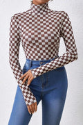 Checkered Long Sleeve Bodysuit Dark Brown / S
