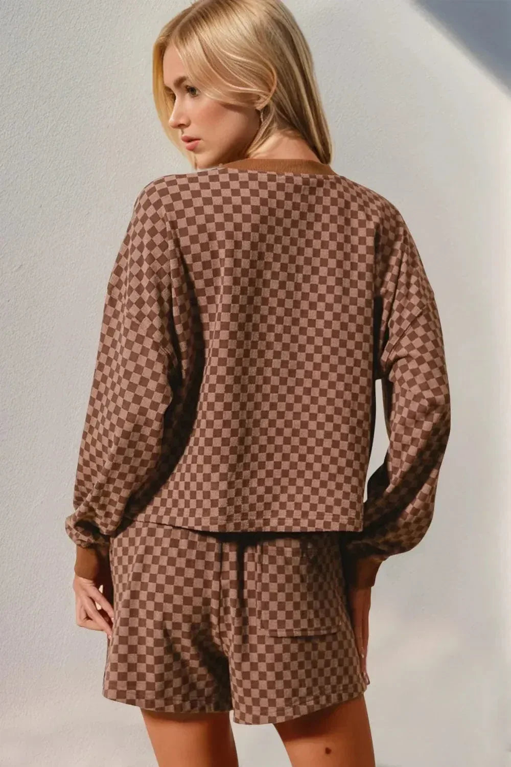 Checkered Two Piece Lounge Set for Women Brown / S