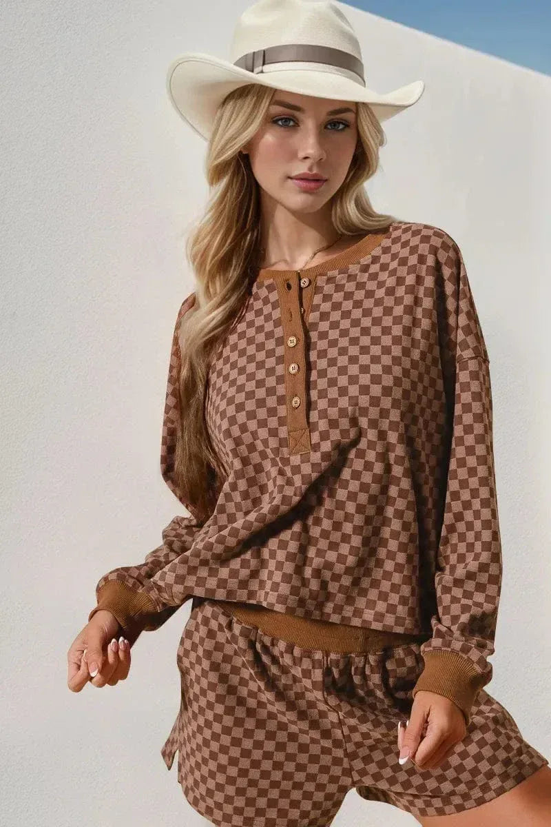 Checkered Two Piece Lounge Set for Women Brown / S