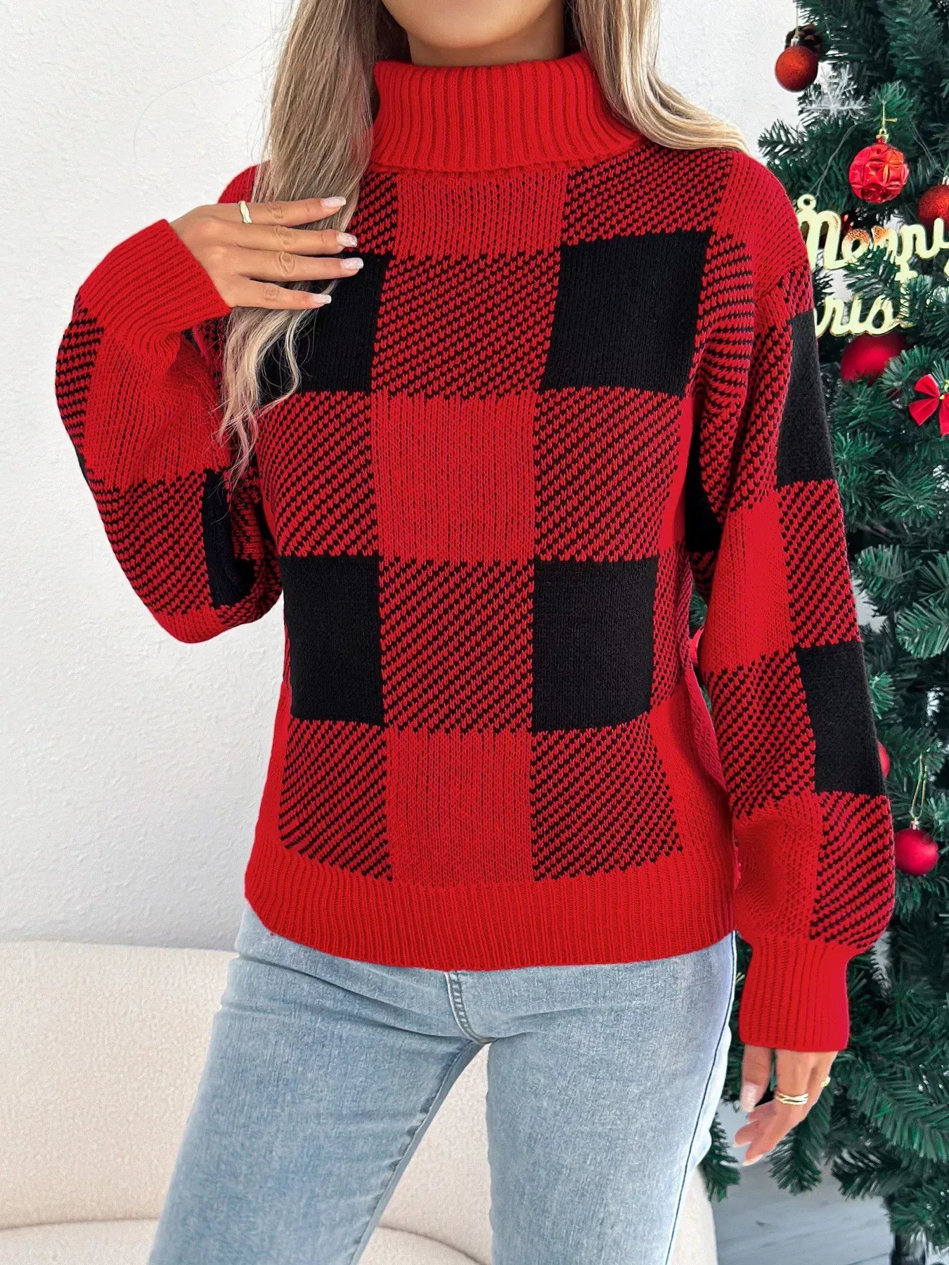 Christmas Plaid Turtleneck Sweater