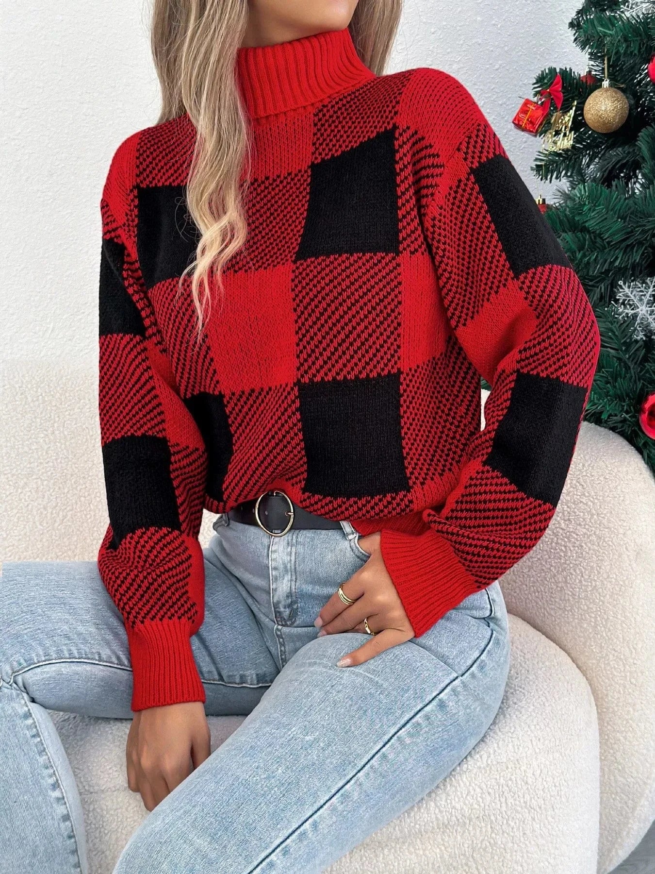 Christmas Plaid Turtleneck Sweater