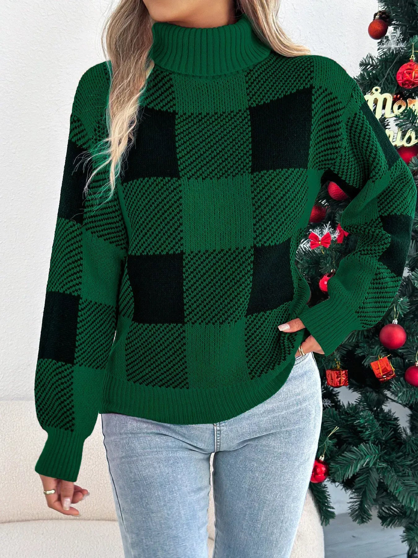 Christmas Plaid Turtleneck Sweater Green / S