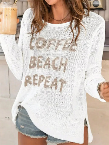 Coffee Beach Letter Side Slit Knit Top White / S