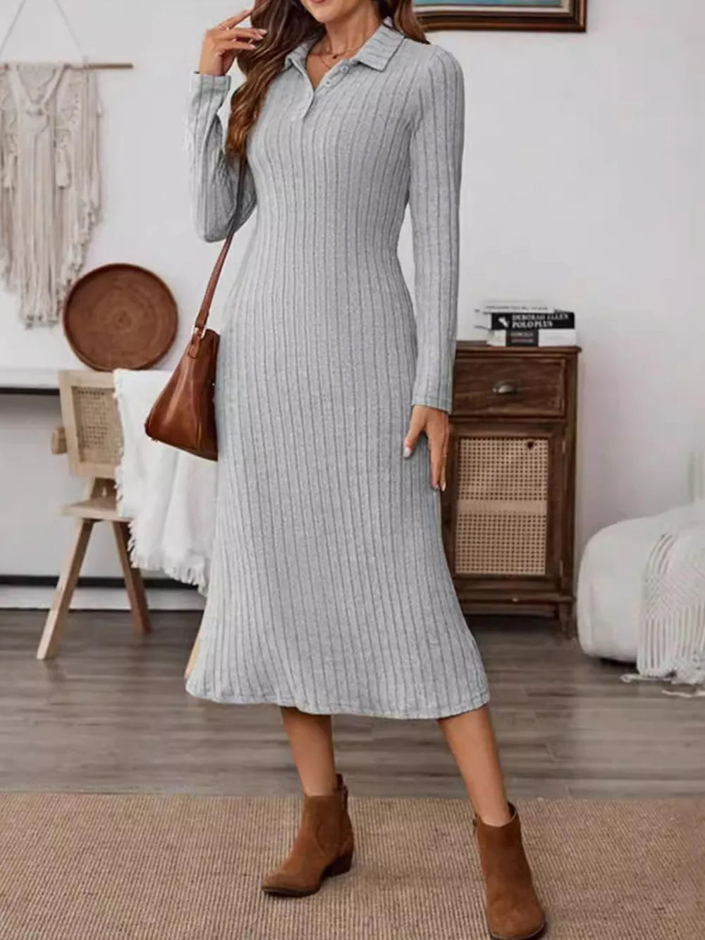 Collared Long-Sleeve Midi Dress - product view 4