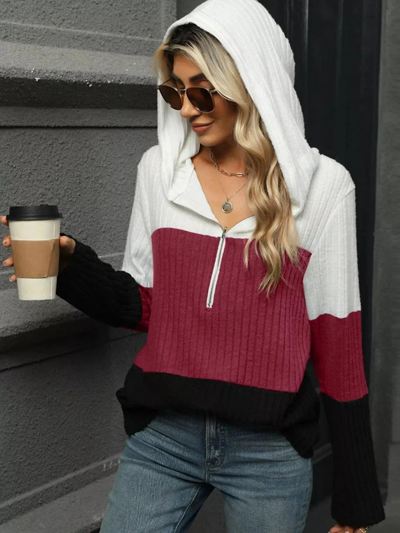 Color Block Half Zip Hooded Top