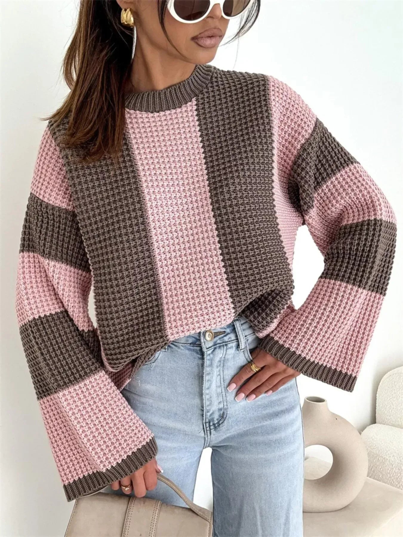 Color Block Long Sleeve Sweater for Women