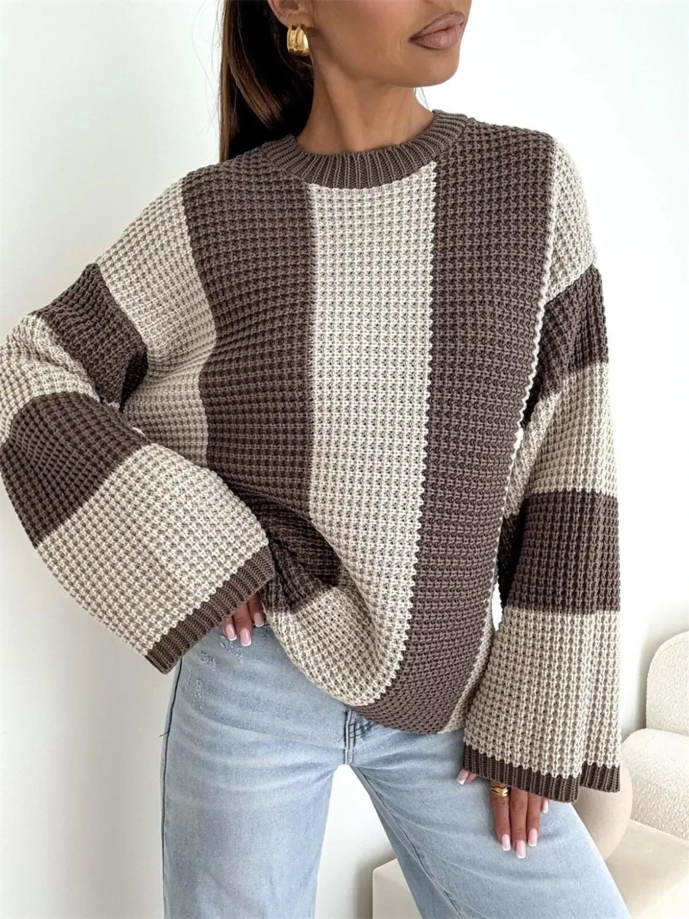 Color Block Long Sleeve Sweater for Women