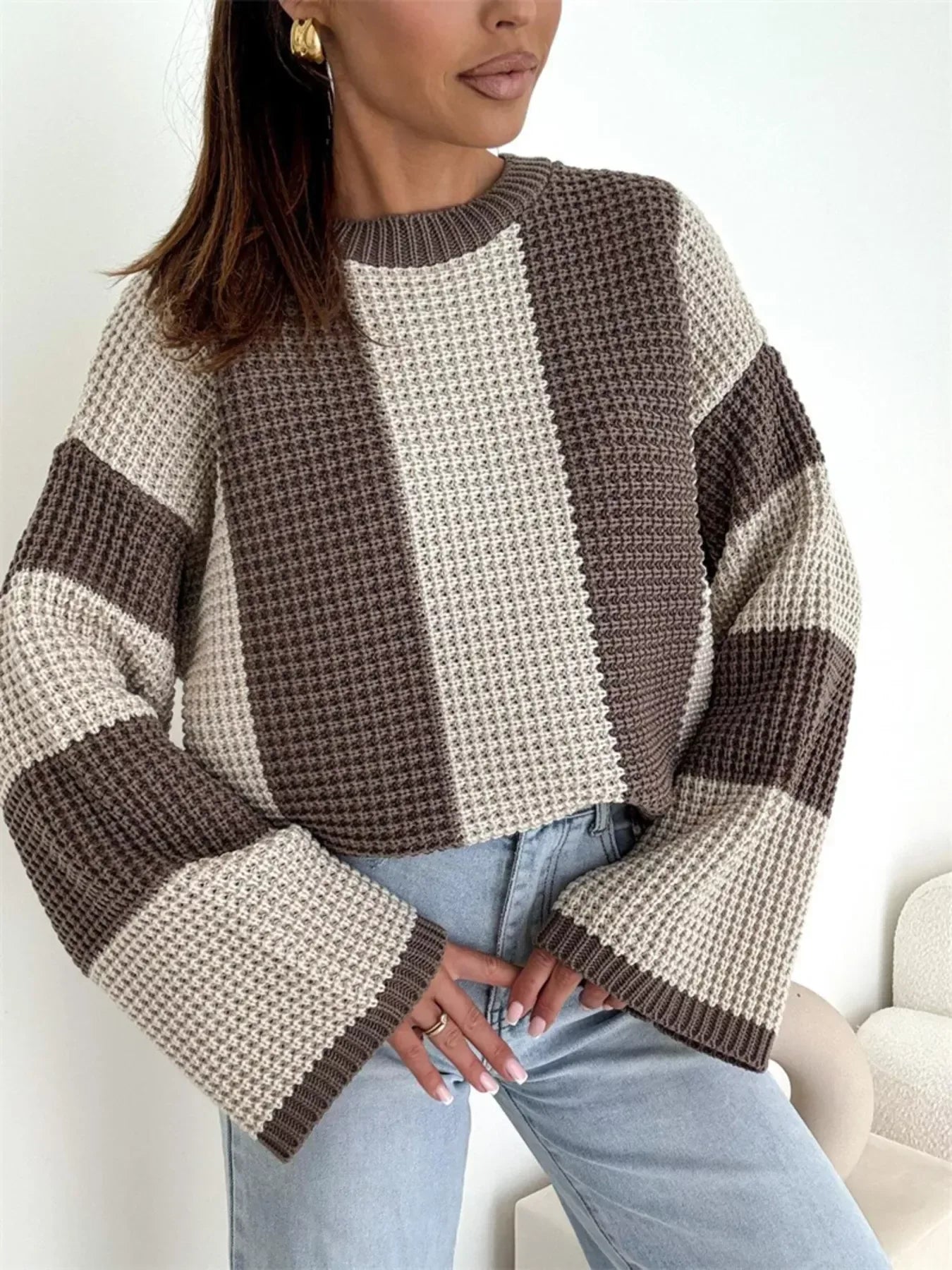 Color Block Long Sleeve Sweater for Women
