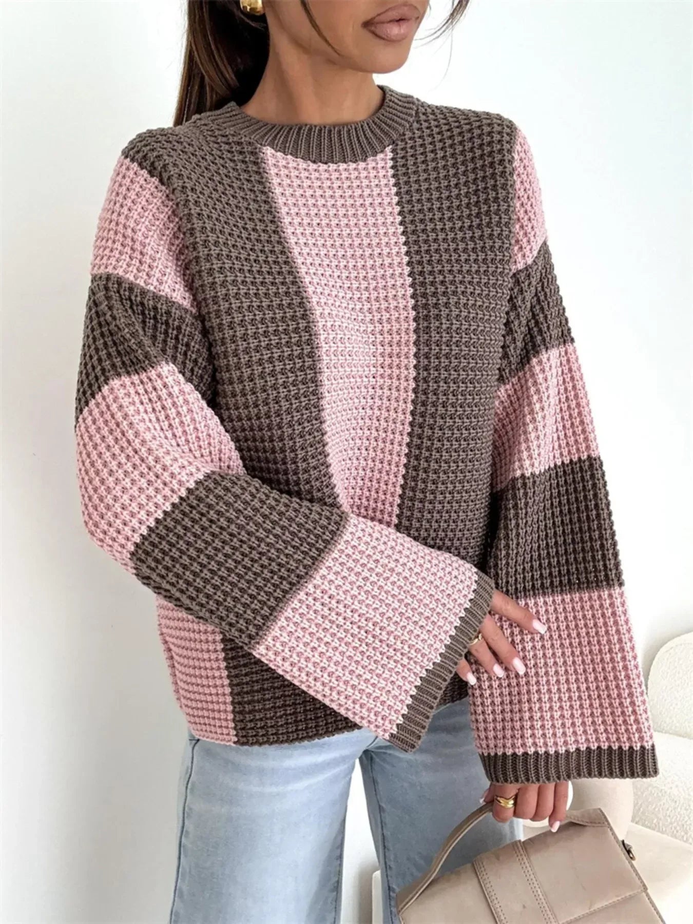 Color Block Long Sleeve Sweater for Women