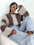 Color Block Long Sleeve Sweater for Women Apricot / S