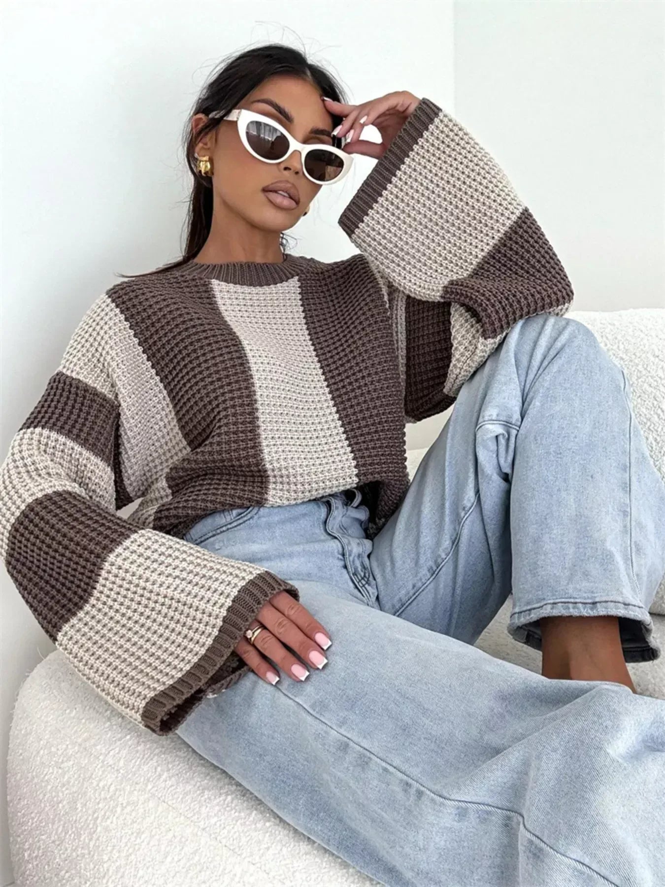 Color Block Long Sleeve Sweater for Women Apricot / S