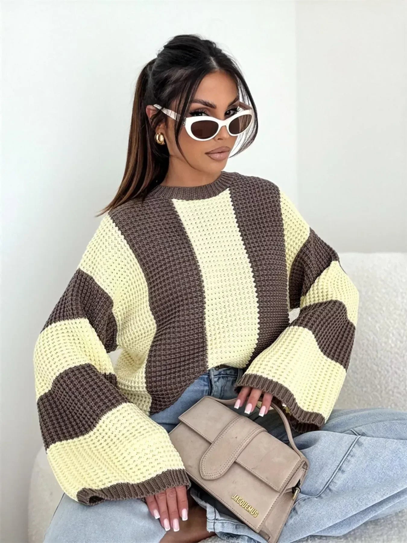 Color Block Long Sleeve Sweater for Women Yellow / S