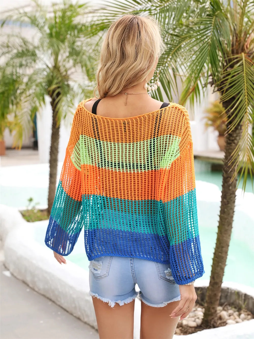 Color Block Openwork Boat Neck Swim Cover-Up