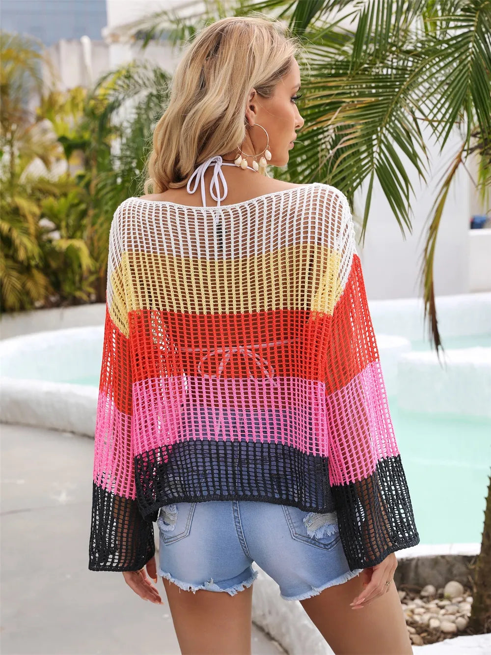 Color Block Openwork Boat Neck Swim Cover-Up