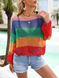 Color Block Openwork Boat Neck Swim Cover-Up