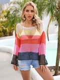 Color Block Openwork Boat Neck Swim Cover-Up Pink / S
