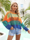 Color Block Openwork Boat Neck Swim Cover-Up Turquoise / S