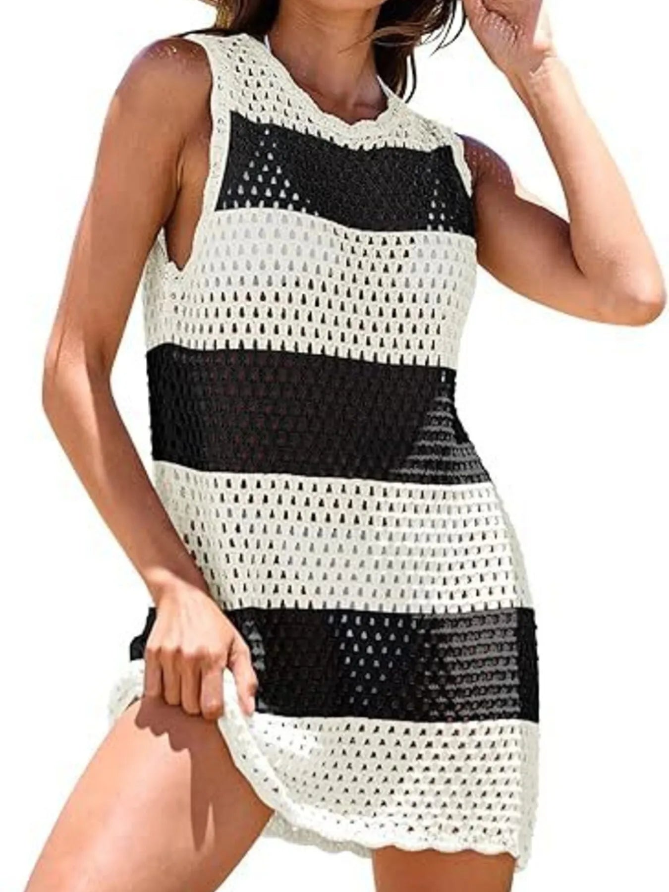 Color Block Openwork Sleeveless Cutout Back Cover-Up