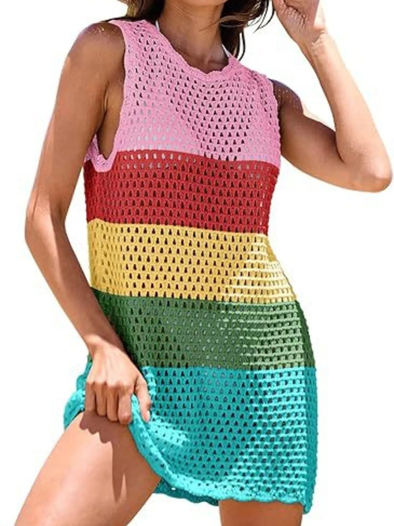 Color Block Openwork Sleeveless Cutout Back Cover-Up