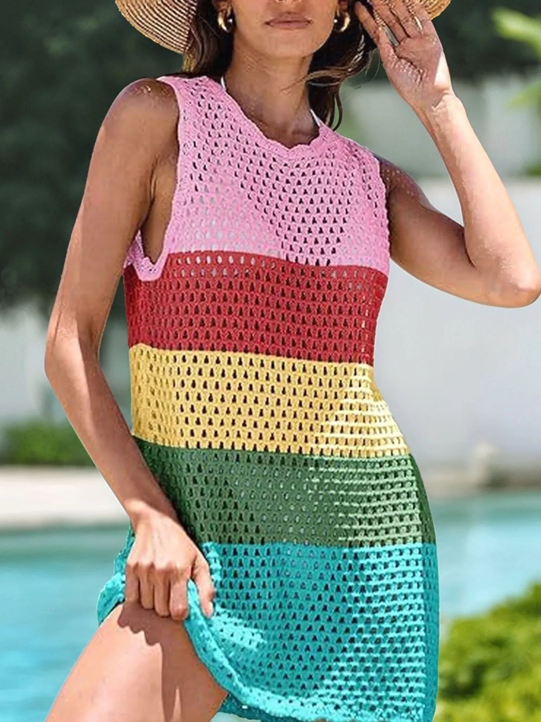 Color Block Openwork Sleeveless Cutout Back Cover-Up Rainbow / S