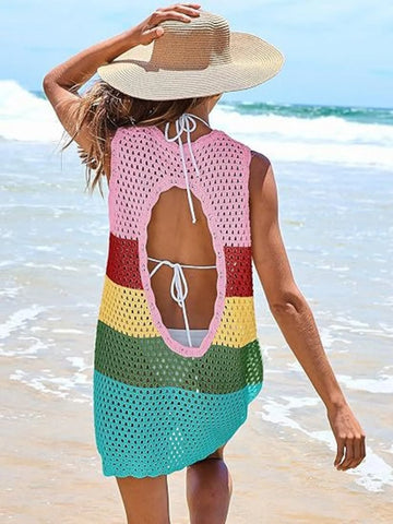 Color Block Openwork Sleeveless Cutout Back Cover-Up Rainbow / S