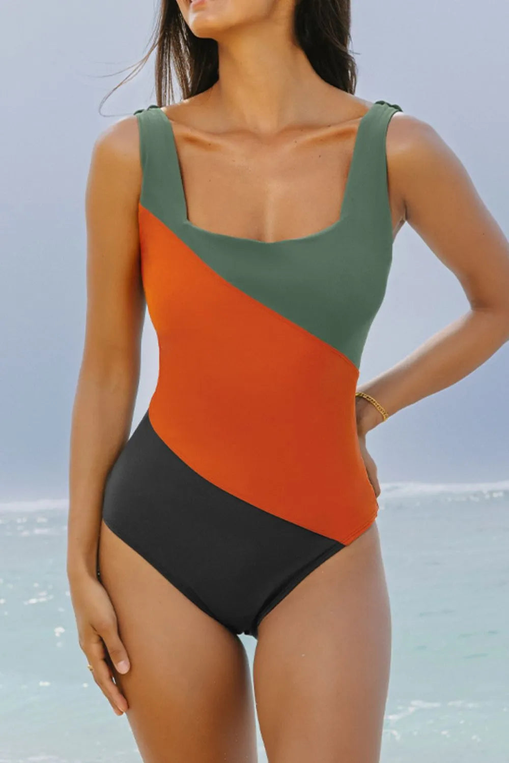 Color Block Padded Square Neck One Piece Swimsuit Multicolor / S
