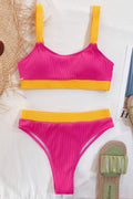 Color Block Scoop Neck Bikini Set Hot Pink / S