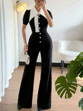 Contrast Button-Down Wide Leg Jumpsuit