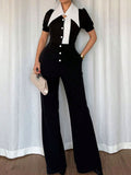 Contrast Button-Down Wide Leg Jumpsuit